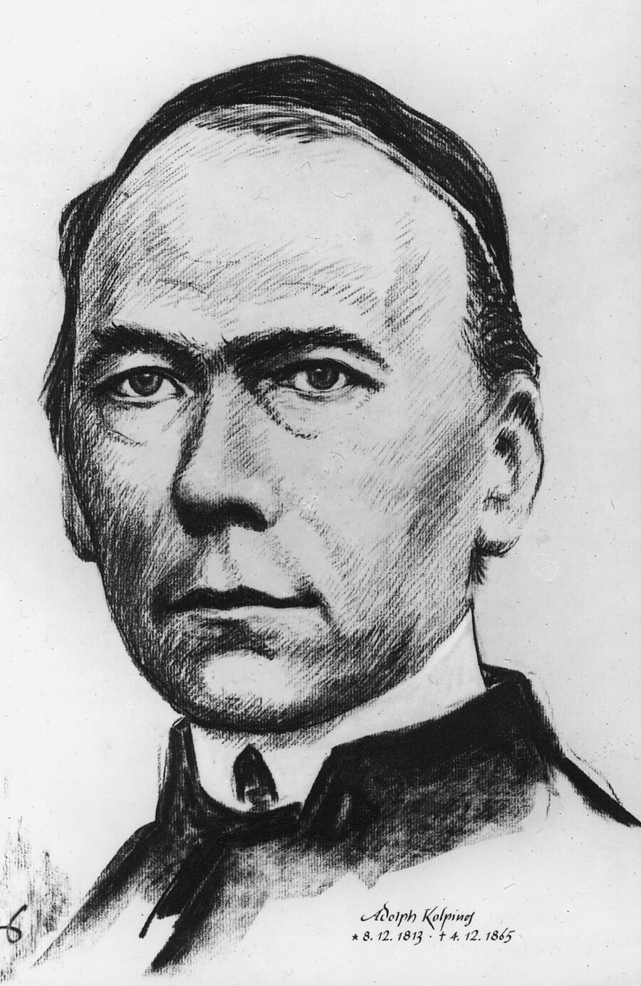 Schwarz-weiß Porträtzeichnung von Adolph Kolping mit ernstem Blick und historischer Kleidung.